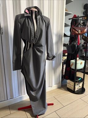 PrettyLittleThing Charcoal Grey Asymmetrical Twist Midi Dress